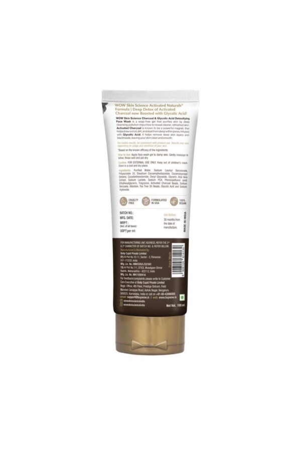 WOW Skin Science Charcoal+Glycolic Acid Face Wash (100ml) - Image 2